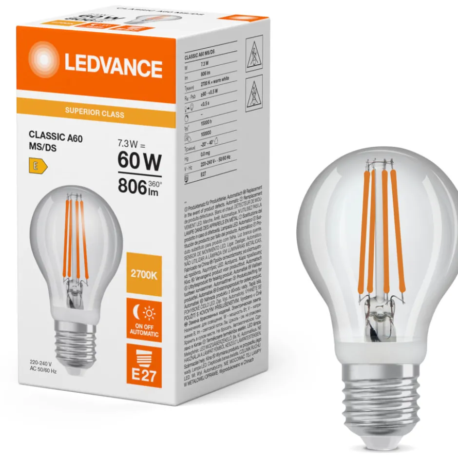 Ledvance E27 standardpære med bevægelssessensor, 2700K, 7,3W