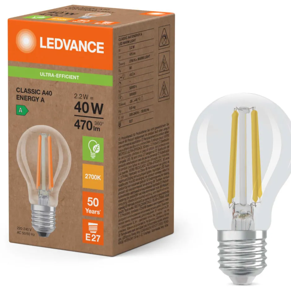 Ledvance Ultra Efficient E27 standardpære, 3000K, 2,2W