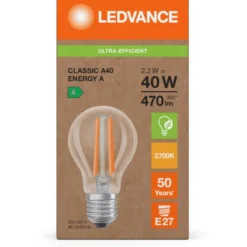 Ledvance Ultra Efficient E27 standardpære, 3000K, 2,2W
