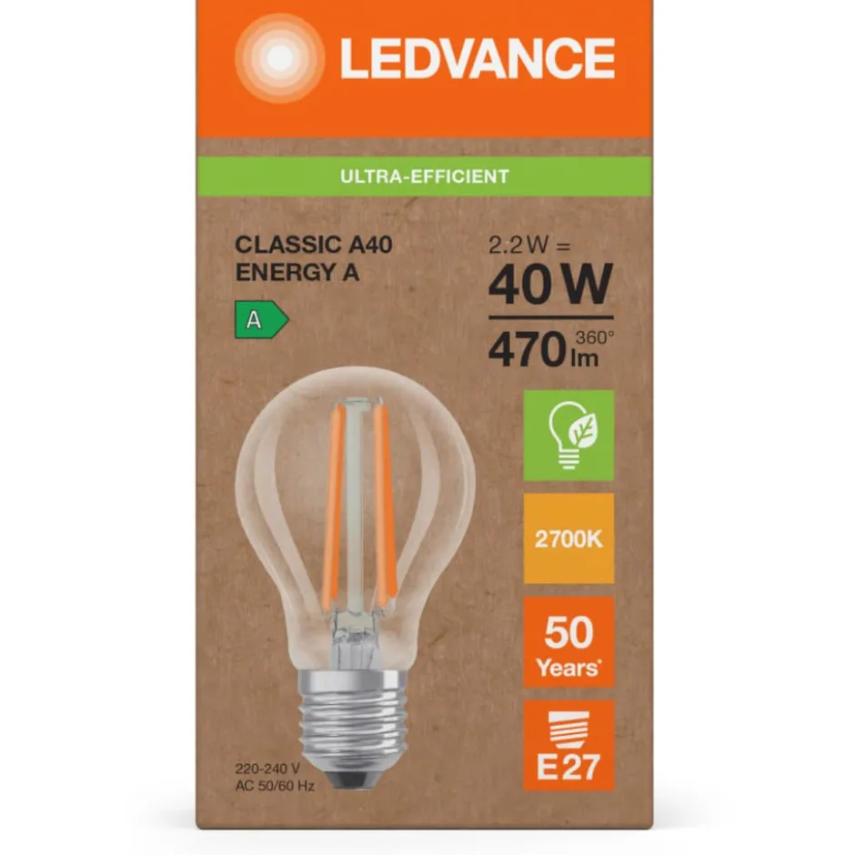 Ledvance Ultra Efficient E27 standardpære, 3000K, 2,2W