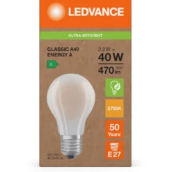 Ledvance Ultra Efficient E27 standardpære, 3000K, 2,2W