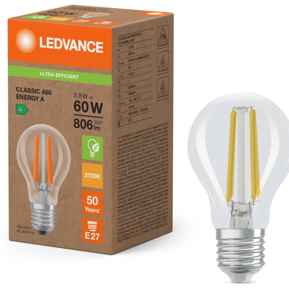 Ledvance Ultra Efficient E27 standardpære, 3000K, 3,8W
