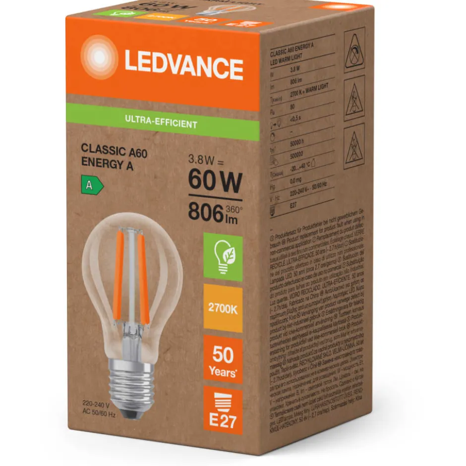 Ledvance Ultra Efficient E27 standardpære, 3000K, 3,8W